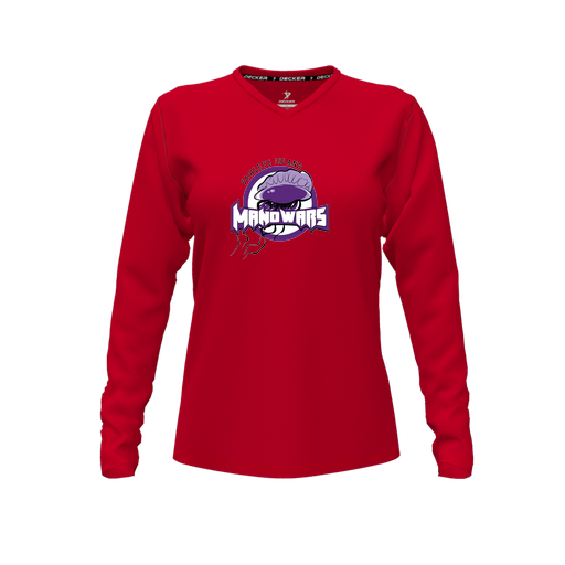 [CUS-DFW-TEES-PER-VNK-LSL-RED-FYXS-LOGO1] Decker Performance T-Shirt (Female Youth XS, Red, V Neck, Logo 1, Long Sleeve)